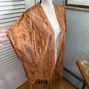 The Hanger Kimono Medium Brown Lace Fringe Open Festival Fairy Granola Boho Chic